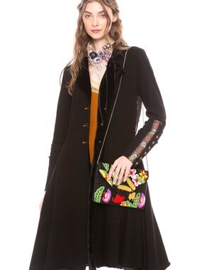 Aratta Black Long Coat with Embroidered Sleeve Detail